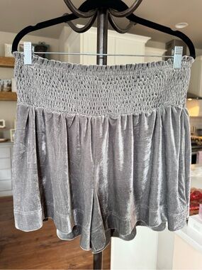 TCEC Silver-Gray Velvet High-Waist Smocked Shorts